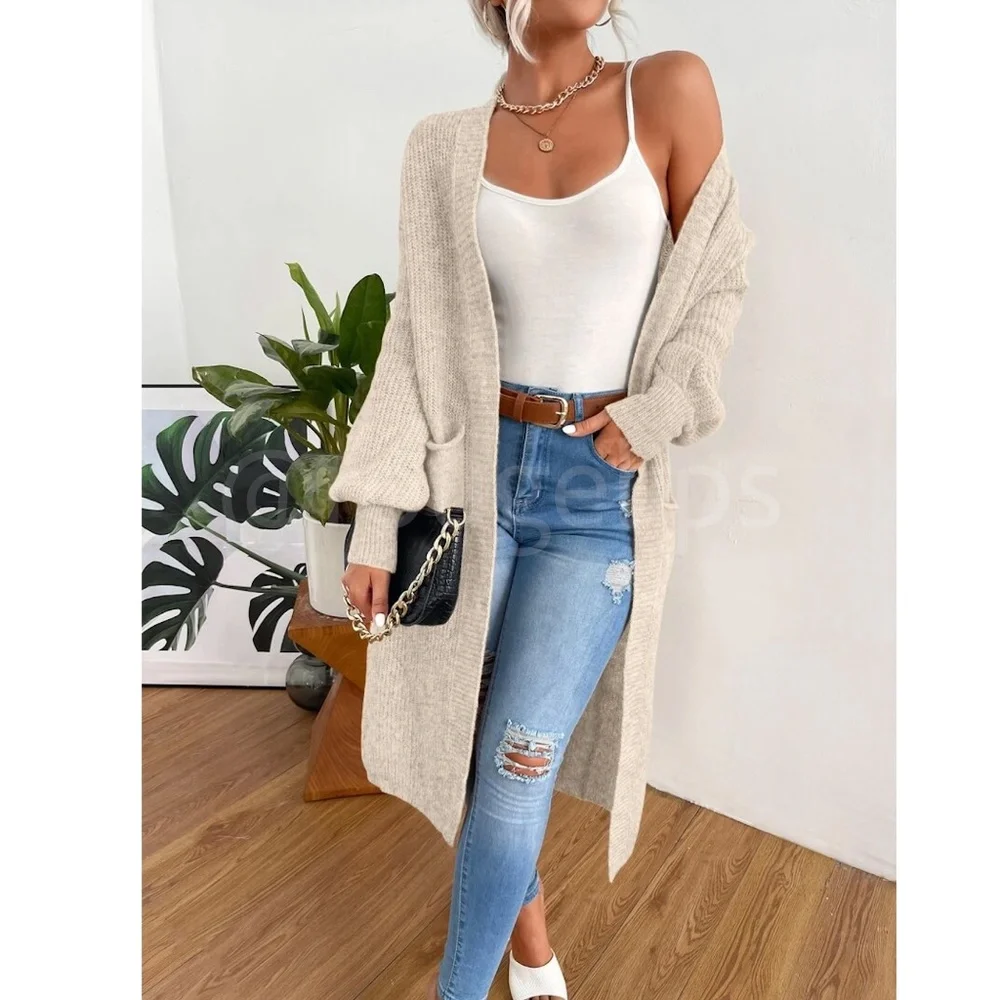 Oatmeal Beige Duster Cardigan Front Pockets Cable Knit Long Sleeve Midi Length - Picture 6 of 8